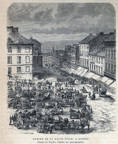 Disouverte du Canada: marssi yläkaupungista (Upper City tai Upper City) Quebeciin. Taylorin piirustus valokuvasta. Kaiverrus 1800-luvun lopusta Eugene Gueninin teokseen "La nouvelle France". tekijältä French School