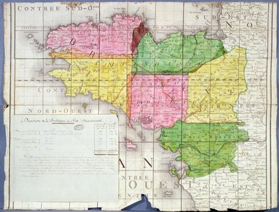 Bretagnen jako kuuteen departementtiin, n. 1789-1790 (värilitho) tekijältä French School