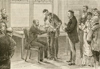 Tohtori Pasteur tutkii raivotautitartunnan saanutta poikaa. 1800-luku (kaiverrus) tekijältä French School