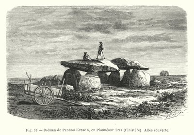 Dolmen of Pennou Kreach, Plouneour Trez, Finistere, katettu kävelytie (kaiverrus) tekijältä French School