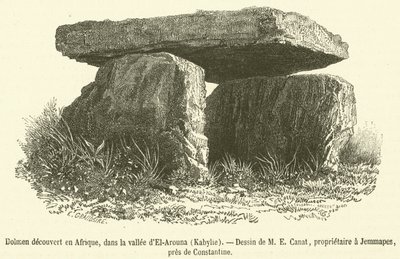 Dolmen löydetty Afrikasta, El-Arounan laaksosta, Kabyliasta (kaiverrus) tekijältä French School