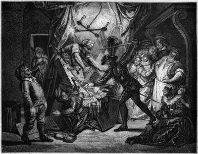 Don Quijote taistelee nukkeja vastaan, joita hän pitää maureina. V. Beaucen kaiverrus Charles Antoine Coypelin (1694 - 1752) maalauksen mukaan, joka havainnollistaa Cervantesin (1547-1616) romaania. "" Le Magasin viehättävässä"" tekijältä French School