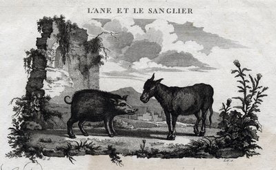Aasi ja villisika. Fable of Esope. (Kreikkalainen kirjailija Esopo tai Ecopus, 6. vuosisata eKr.) Kirjoittanut Guillaume Montfort ja Gravees Beauble vuonna 1801. tekijältä French School