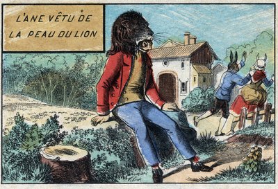 Aasi yllään leijonan iholla. Jean de La Fontainen (1621-95) satuja. Epinalin kuva 1800-luvun lopulta. tekijältä French School