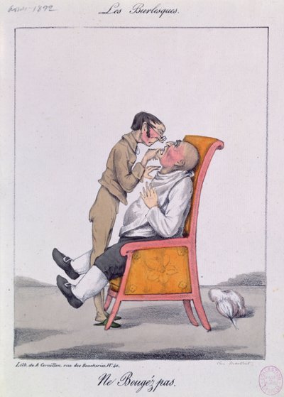 "Älä liiku!", karikatyyri miehestä hammaslääkärissä (värilitho) tekijältä French School