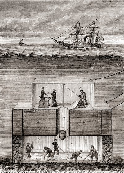Tohtori Antoine Prosper Payernen 1800-luvun sukellusvenehöyrylaiva, nimeltään "Pyrhydrostat", "Les Merveilles de la Science", julkaistu noin 1870 (kaiverrus) tekijältä French School