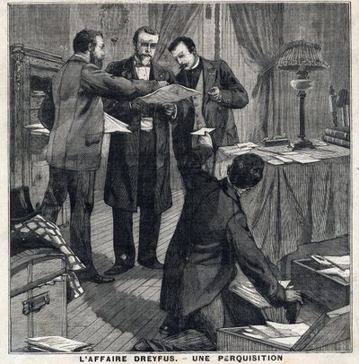 Dreyfus-tapaus: Kolme tavallista pukeutunutta upseeria ja poliisikomissaari suorittavat etsintä Georges Picquartin (1854-1914) kotona. "" Le Peute Parisien" -julkaisussa 12.5.1897. Yksityinen kokoelma tekijältä French School