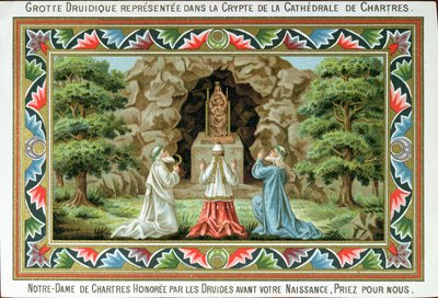 Druidit rukoilevat Madonnan ja lapsen patsaalla Chartresin luolan paikalla, 1887 tekijältä French School