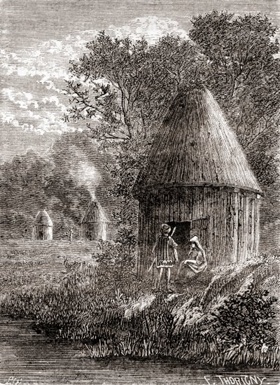 Varhaiset gallialaiset talot, pyöreä mökki, jonka katossa on reikä, jotta savu pääsee poistumasta, teoksesta "Les Merveilles de la Science", julkaistu n. 1870 (kaiverrus) tekijältä French School