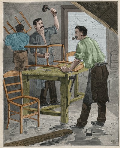Ebenisterie: tuolien kokoaminen 1800-luvulla Ranskassa. Kaiverrus vuodelta 1885 kirjassa "Les arts et metiers illustres", kirjoittanut Adolphe BITARD. tekijältä French School