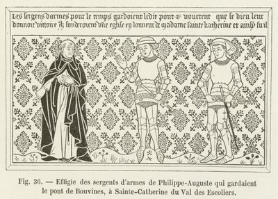Bouvines-siltaa vartioineiden Philippe-Augusten asevarsinaisten hahmojen kuva Sainte-Catherine du Val des Escoliersissa tekijältä French School