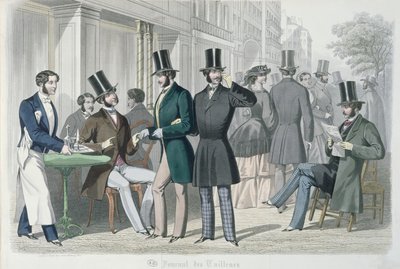 Elegantteja nuoria miehiä kahvilan terassilla, 1857 (värikaiverrus) tekijältä French School