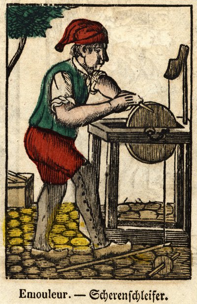 Emouleur (koostuu esineiden teroittamisesta hiomalaikalla); Käsityösarja, kuva 1800-luvun Epinalista. tekijältä French School