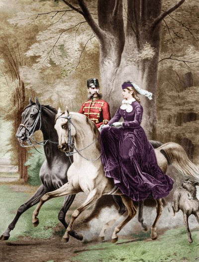 Keisari Franz Joseph I ja keisarinna Elisabeth Itävallan Wittelsbachista (1837-1898) ratsastamassa hevosilla (kaiverrus). tekijältä French School