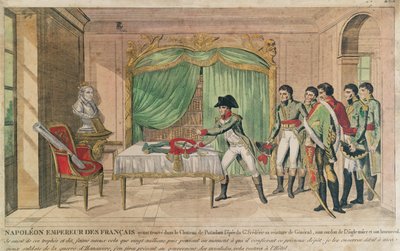 Keisari Napoleon I pohtii Frederick Suuren miekkaa Potsdamissa vuonna 1806 (värikaiverrus) tekijältä French School
