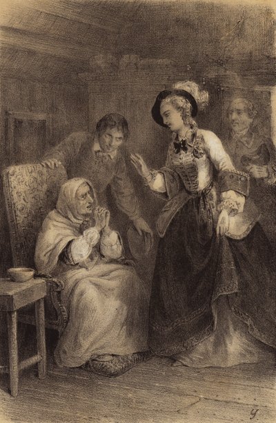 Itävallan keisarinna Maria Teresa vierailee kodissa olevan köyhän naisen luona (litho) tekijältä French School