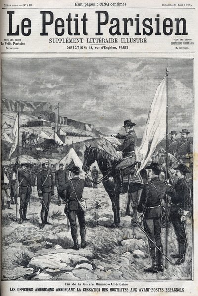 Espanjan ja Amerikan sodan loppu (American Hispano) vuonna 1898. Amerikkalaiset upseerit ilmoittivat vihollisuuksien lopettamisesta Espanjan etuvartiokohdissa. Kaiverrus "" Le petit parisien"" vuodelta 1898. tekijältä French School