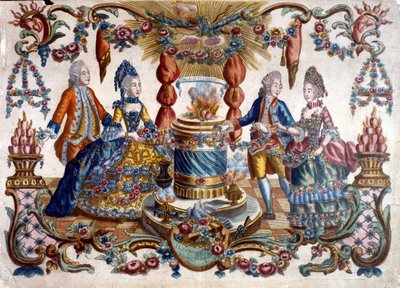 Kaiverrus, jossa ranskalaiset aatelismiehet ja nainen kävelevät puutarhassa. 1700-luku tekijältä French School