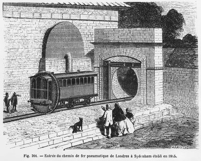 Pneumaattisen rautatien sisäänkäynti Lontoosta Sydenhamiin, perustettiin vuonna 1865 - "Tieteen ihmeissä", L. Figuier. ¿ tekijältä French School