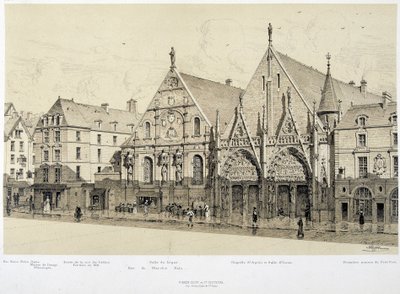 Sisäänkäynti Hotel-Dieu-hotelliin (Hotel Dieu), rue du Marche Palu, vuonna 1590 - "Pariisissa aikojen läpi", 1800-luvun loppu tekijältä French School