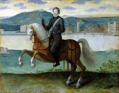 Ranskan kuninkaan Henri IV:n (1553-1610) ratsastusmuotokuva Pariisin muurien edessä, 1594 tekijältä French School