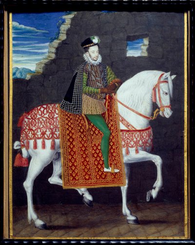 Henry III:n ratsastusmuotokuva, Ranskan kuningas (1551-1589) Nimetön maalaus guassilla. 1500-luvun aurinko. 0,27x0,2 m. Chantilly, Conde-museo tekijältä French School