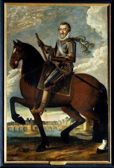 Ranskan kuninkaan Henrik IV:n (1553-1610) ratsastusmuotokuva Pont Neufin edessä Pariisissa. Anonyymi maalaus 1600-luvulta. Öljy kankaalle. Pakollinen maininta: Sully sur Loire, Chateau de Sully tekijältä French School