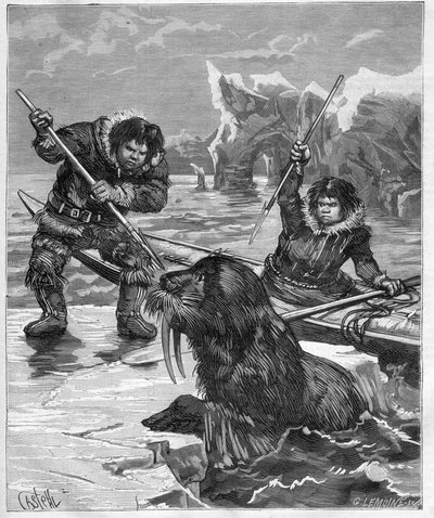 Eskimot - mursun kalastus - Eskimot - mursun kalastus vuonna 1888 - - Kaiverrus ”Journal des Voyages” 1888 tekijältä French School
