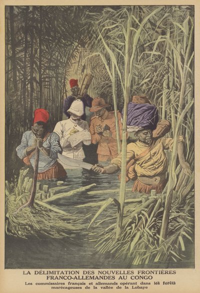 Rajan asettaminen Ranskan ja Saksan alueiden välille Kongossa (väri litho) tekijältä French School