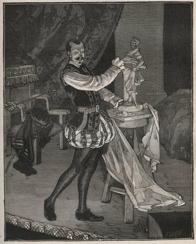 Etienne Marin Melingue (1808-1875), ranskalainen näyttelijä, joka esittää kuvanveistäjää Benvenuto Celliniä Alexandre Dumas Peren "Ascaniossa", jonka Paul Meurice on sovittanut näyttämölle. Kaiverrus vuodelta 1880 kirjassa "Les arts et metiers illustres",  tekijältä French School