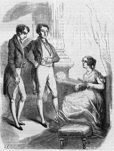 Adjudan markiisi esitti Eugene de Rastignacin Madame de Nucingenille. Kaiverrus 1800-luvun puolivälissä. Kuvitus Honore de Balzacin (1799-1850) "Isä Goriot" -sarjaan. tekijältä French School