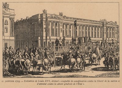 Ranskan kuningas Ludvig XVI:n teloitus, Pariisi, Ranskan vallankumous, 21. tammikuuta 1793 (kaiverrus). tekijältä French School
