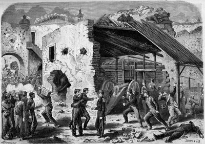 Retkikunta Meksikoon (1861-1867) - Pueblan piiritys - 1863: Ranskan armeijan hyökkäys runkoon (talokortteliin). Kaupungin sisällä ranskalaisten sotilaiden oli taisteltava neljännes neljännekseltä. Kaiverrus kirjaan ""Maailma I tekijältä French School