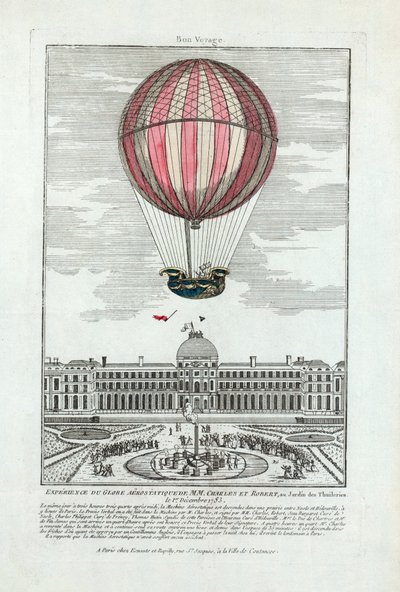 Kokemus MM:n aerostaattisesta maapallosta. Charles ja Robert Jardin des Thuileriesissa 1. joulukuuta 1783, pub. 1783 (käsinvärinen kaiverrus) tekijältä French School