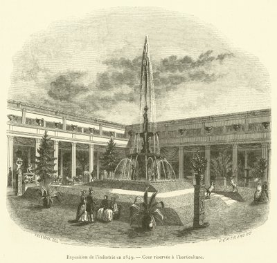 Teollisuuden näyttely 1849, puutarhanviljelylle varattu piha (kaiverrus) tekijältä French School