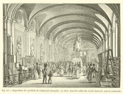 Ranskan teollisuuden tuotteiden näyttely vuodelta 1819, pohjakerroksen huoneissa, pylväikön alla tekijältä French School
