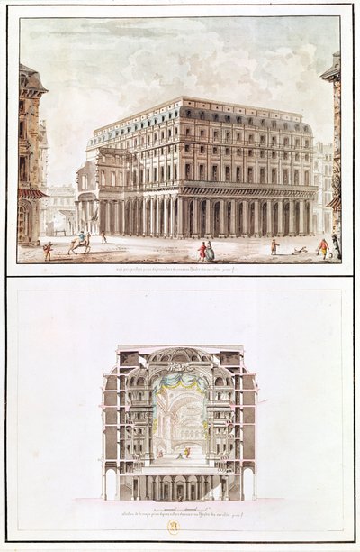 Theatre des Varietesin ulkopuoli ja poikkileikkaus sisätiloista, 6 rue de Richelieu tekijältä French School