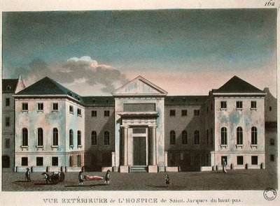 Ulkokuva Hospice Saint-Jacquesista, n. 1800 (värillinen kaiverrus) tekijältä French School