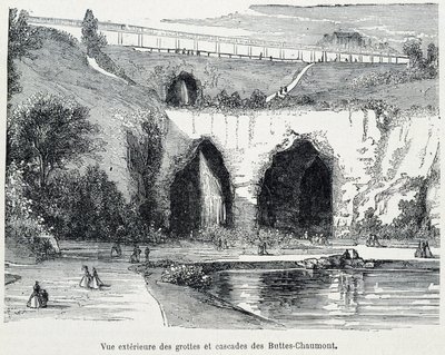 Ulkonäkymä Buttes Chaumontin kaskadeista ja luolista, kaiverrus 1800-luku tekijältä French School