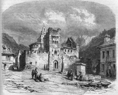 Ulkokuva Pyhän Andrean kirkosta (temppeliläisten kirkko), linnoitettu 1300-luvulla. Luz saint pelastaja (Luz-Saint-Sauveur), Hautes Pyrenees (65) tekijältä French School