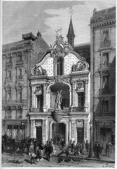 Ulkokuva "" Le Figaro" -sanomalehden hotellista Pariisissa osoitteessa 26, rue Drouot. Kaiverrus "" Le Monde Illustré" -julkaisussa nro 888, 18. huhtikuuta 1874. tekijältä French School