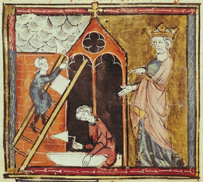 F.235v Kuningas Ludvig VI (1080-1137) katsomassa kirkon rakentamista, Grandes Chroniques de Francesta 1375-1379 tekijältä French School