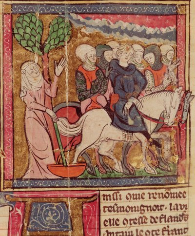 F.288r Ferdinand Portugalilainen (1186-1233) Flanderin kreivi, vangittu Pariisiin Bouvinesin taistelun jälkeen, 27. heinäkuuta 1214, Grandes Chroniques de France, 1375-1379 tekijältä French School