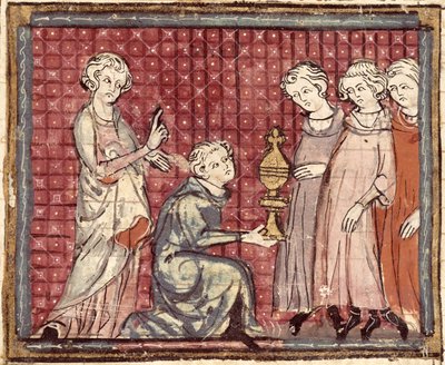 F.29r Valtakunnan jako Clotaire I:n kuoleman johdosta (497-561), Grandes Chroniques de Francesta 1375-79 tekijältä French School