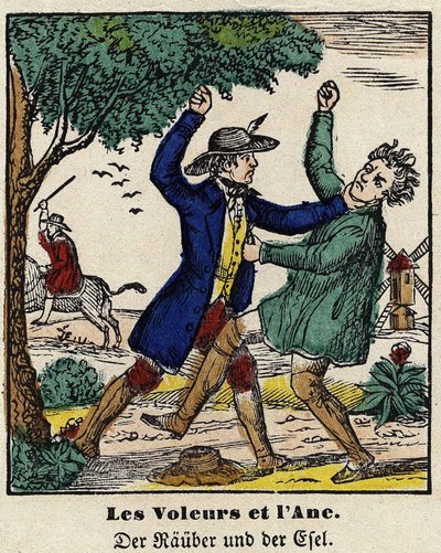 Fables de La Fontaine: varkaat ja aasi. Kuva Epinalista, 1800-luvun ensimmäinen puolisko. tekijältä French School