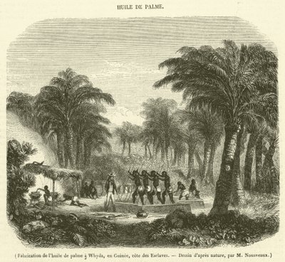 Palmuöljyn valmistus Whydassa, Guineassa, Slave Coastissa (kaiverrus) tekijältä French School