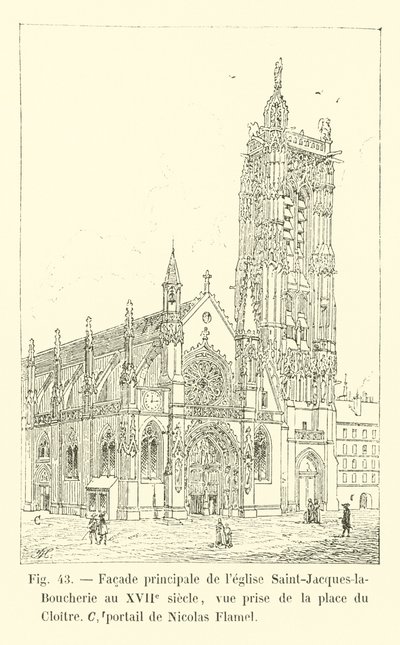 Saint-Jacques-la-Boucherien kirkon pääjulkisivu 1600-luvulla, näkymä Place du Cloitre -aukiolta, portaali Nicolas Flamel tekijältä French School