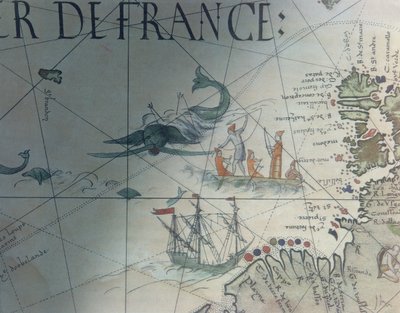Faksimile valaanpyynnistä ja Isle of Saint Brandon, yksityiskohta Pierre Desceliersin portolaanin kartasta, 1546, julkaissut Edme Francois Jomardin (1777-1862) Monuments de la Geographie -julkaisussa tekijältä French School