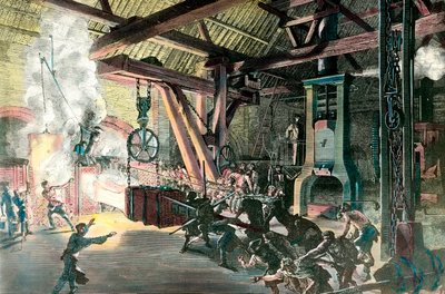 Tehdas: "" Le hamteau drummer (vasara-rumpali) des forges du Creusot vuonna 1865"" Kaiverrus noin 1865. Yksityinen kokoelma tekijältä French School