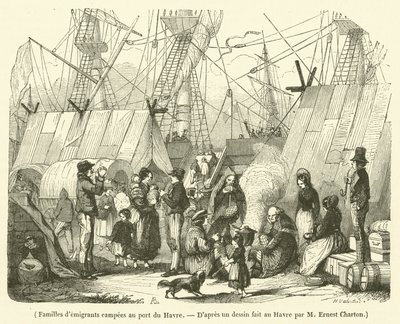 Siirtolaisperheet leiriytyvät Le Havren satamaan (kaiverrus). tekijältä French School